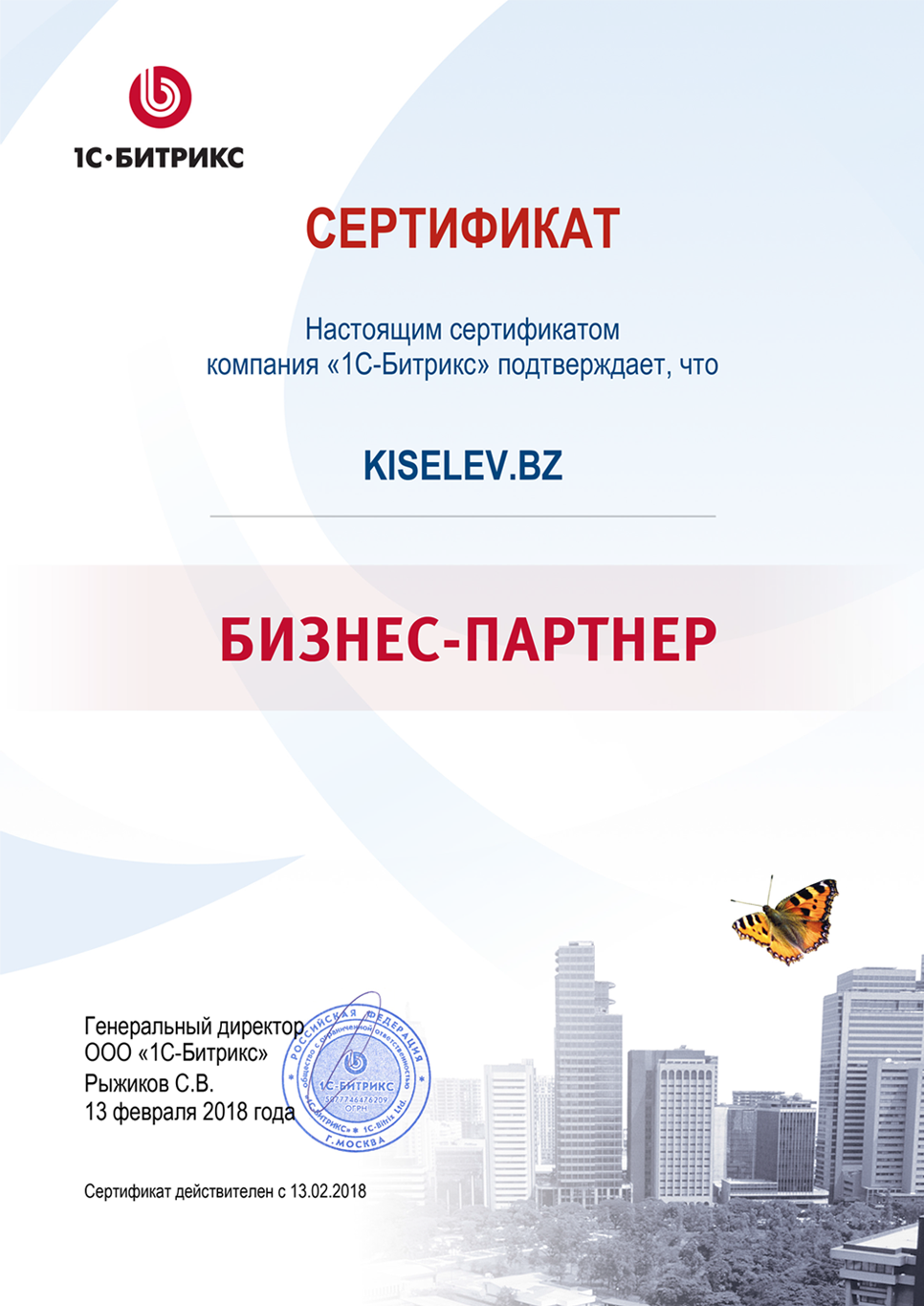 Сертификат партнёра по СРМ системам в Ядрине